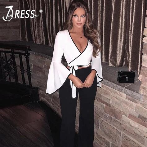 INDRESSME 2019 New Sexy Office Lady Two Piece Set V Neck Long Flare