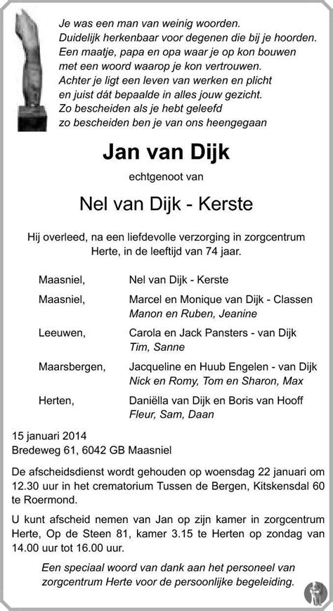 Jan Van Dijk 15 01 2014 Overlijdensbericht En Condoleances Mensenlinqnl