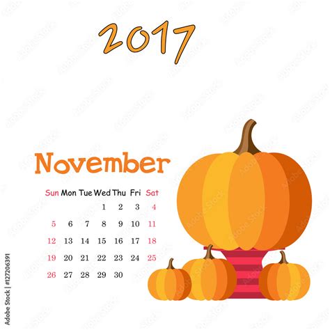 Calendar November 2017 Vector Template Week Starts Sunday Stock