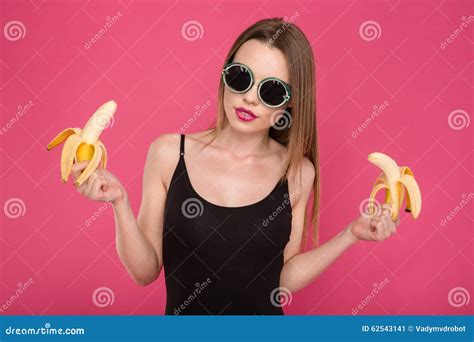 Pretty Sensual Young Female Holding Two Bananas Stock Image Image Of