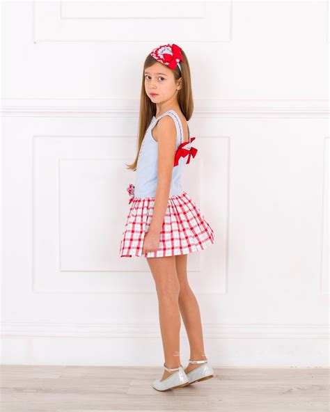 Dolce Petit Vestido Marinero Celeste And Falda Cuadros Rojo Missbaby