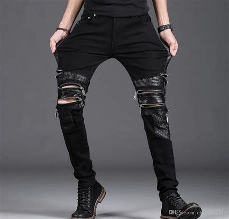 2020 New Mens Skinny Jeans Black Slim Fit Multi Zipper Motorcycle Moto
