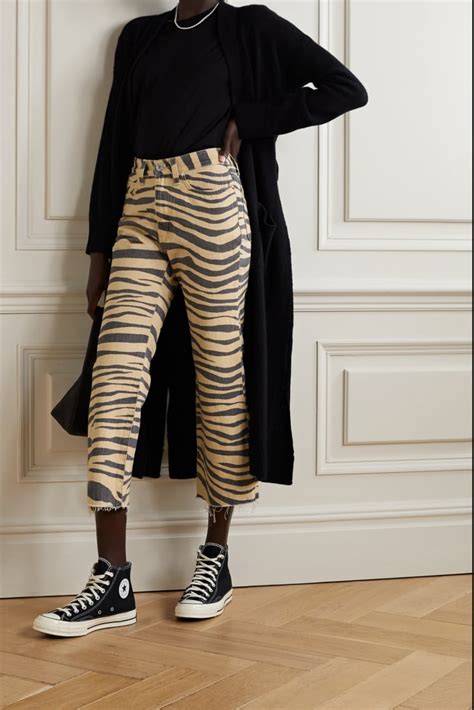 Re Done Net Sustain S Cropped Frayed Tiger Print High Rise Jeans