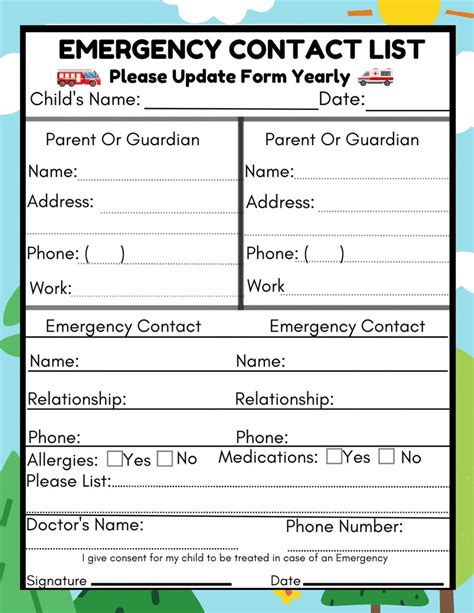 Emergency Contact Form Daycare Forms Preschool Forms Center Forms