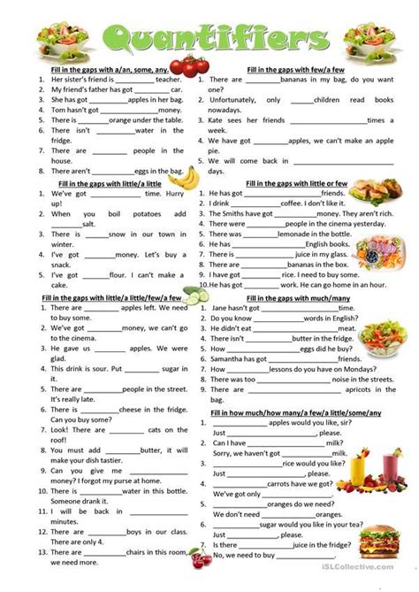 They answer the question 'how . Quantifiers worksheet - Free ESL printable worksheets made ...