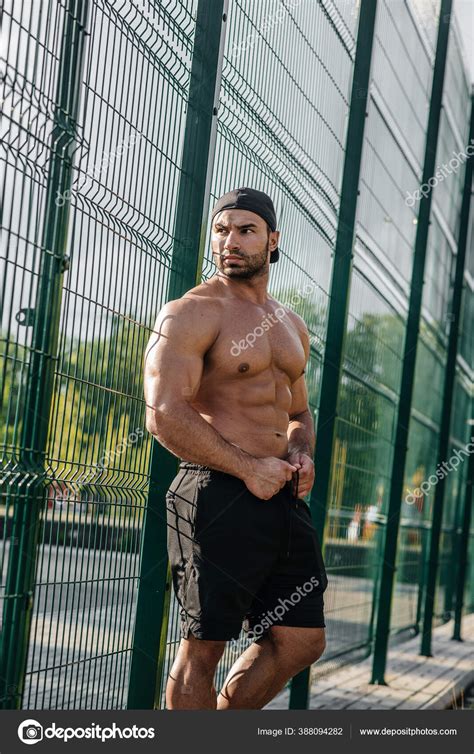 Sexy Fitness Sportsman Posing Sports Field Topless Fitness Bodybuilding Healthy Stock Photo By