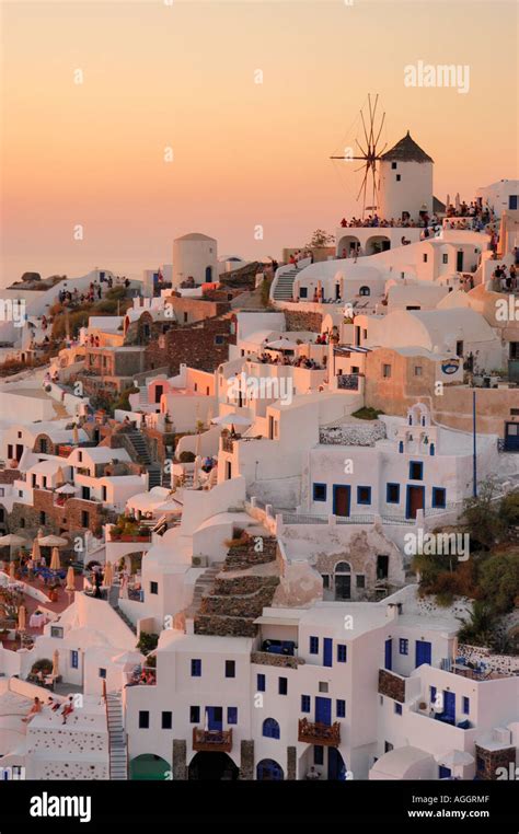 Sunset Twilight Over Village Of Oia Santorini Island Greece Stock