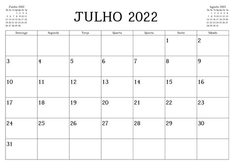 Calendário Julho 2022 Para Imprimir Docalendario