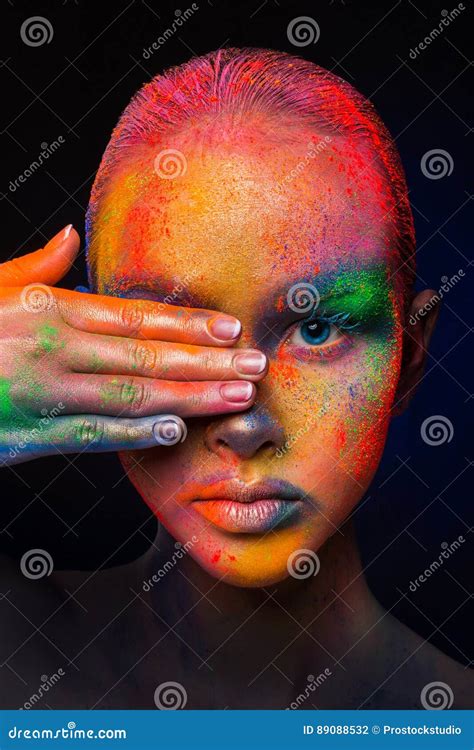 Model With Colorful Art Make Up Close Up Stock Photo Image Of Eyes Dark