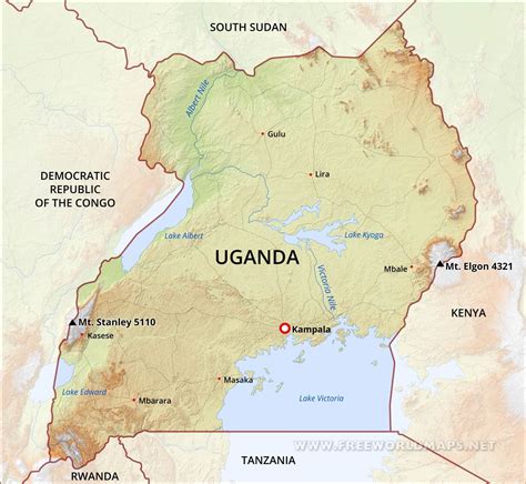 Uganda map shows that it shares its international boundaries with kenya in the east, sudan in the north, democratic republic of congo in the west, and rwanda and tanzania in the south. Uganda Physical Map