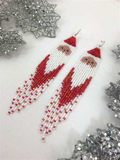 Santa Shoulder Duster Earrings Long Christmas Seed Bead Earrings