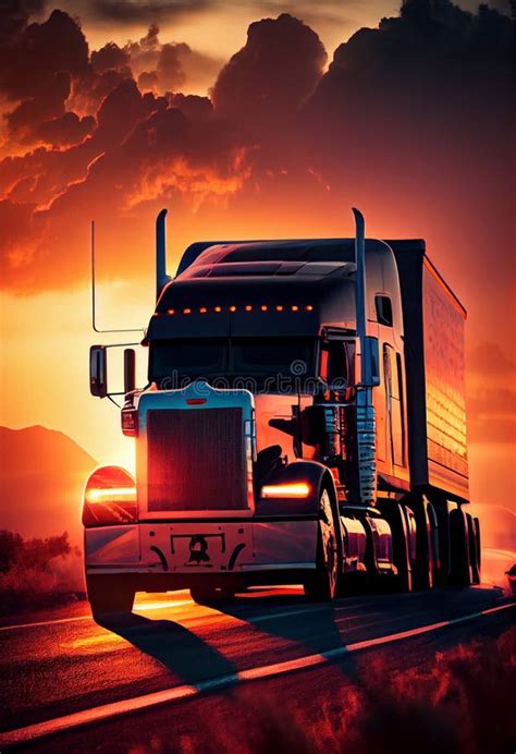 Truck Driving On The Freeway At Sunset Ai Generated Stock Photo