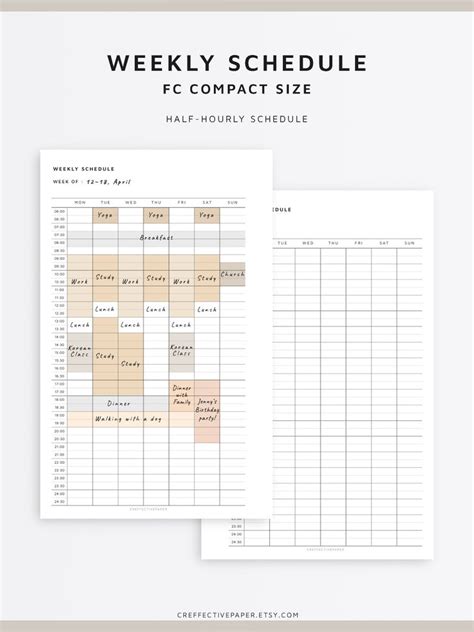Half Hour Weekly Schedule Planner Printable Pdf To Do List Etsy
