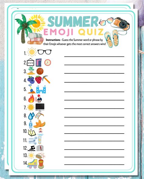 Summer Emoji Game Printable Quiz Kids Adults Fun Party Idea Activity