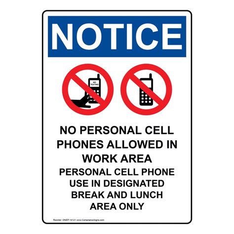 Vertical No Personal Cell Phones Sign Osha Notice