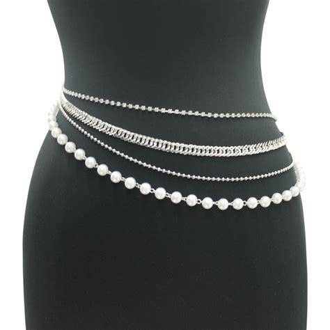 Luxury Divas Layer 4 Row Strand Stone Pearl Chain Link Silver Belt