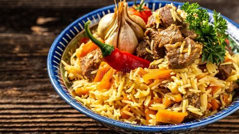 Traditional Uzbek Meal Called Pilaf Rice With Meat Carrot And Onion