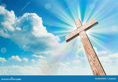 Wood Cross On Blue Sky Stock Photo Image Of Christianity 80943094