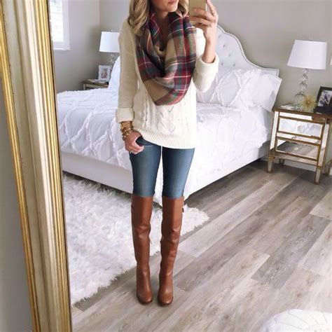 Cable Knit Sweater Plaid Scarf Skinnies And Riding Boots Cute Outfits Fall Outfits Fall