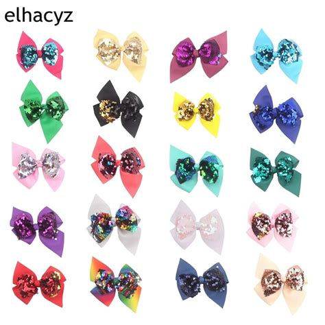 20pcs Lot NEW Korean 4 5inch Reversible Sequin Bows With Clips