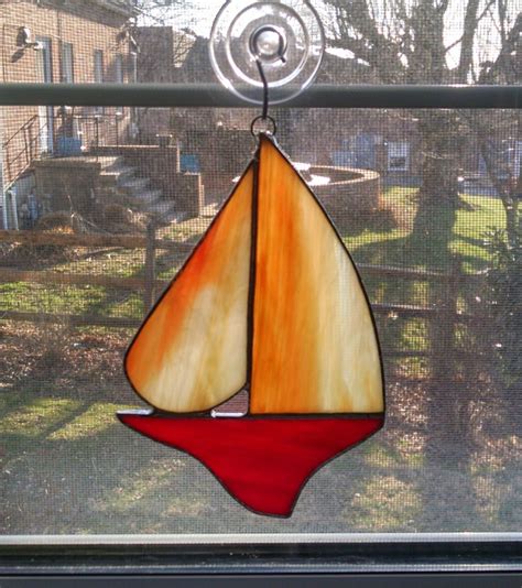 stained glass sailboat nautical decor sailboat suncatcher beach decor red orange