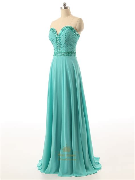 Turquoise Blue Chiffon Strapless Sweetheart Beaded Bodice Evening Dress