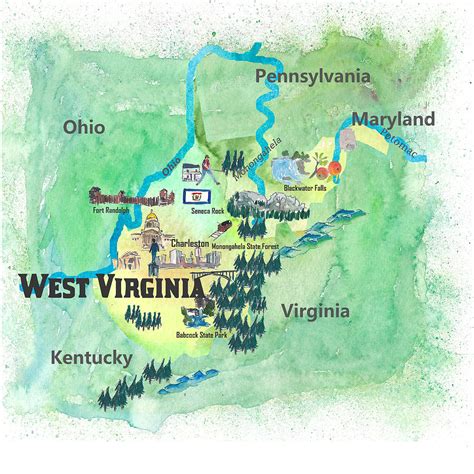 Usa West Virginia State Travel Poster Map With Touristic Highlights