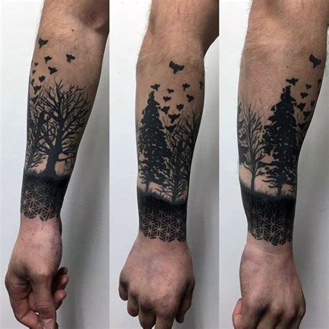 Forest Trees Flower Of Life Mens Lower Forearm Sleeve Tattoo Ideas Half