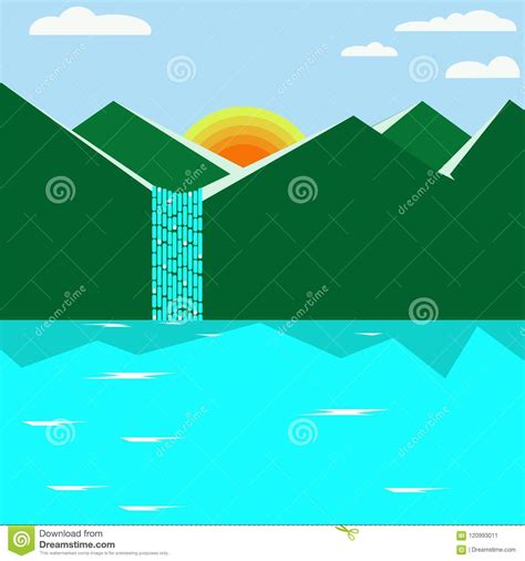 Of A Mountain With A Waterfall And A Lake In Flat Style Stock Vector