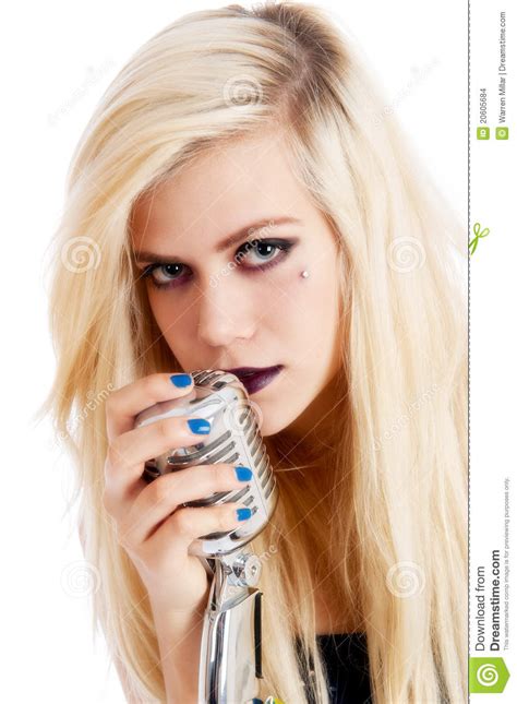 Beautiful Blonde Female Singer in Blue Dress Stock Photo - Image of ...