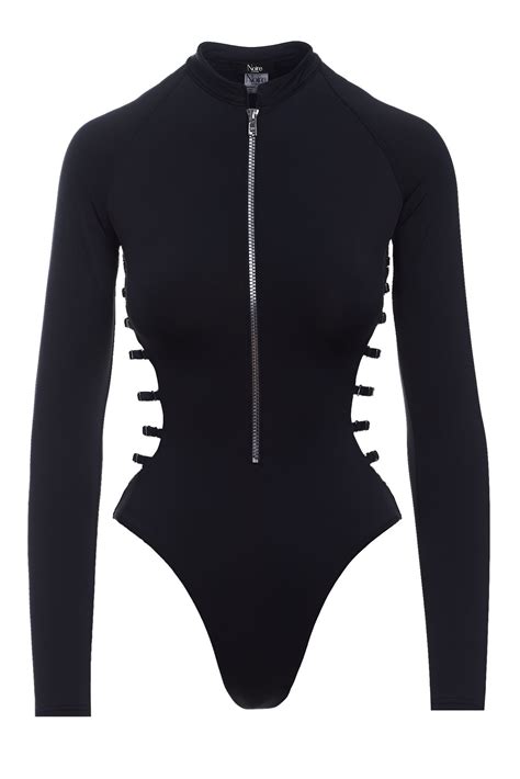 Black Sclupting Long Sleeve Swimsuit Long Sleeve Swimsuit One Piece