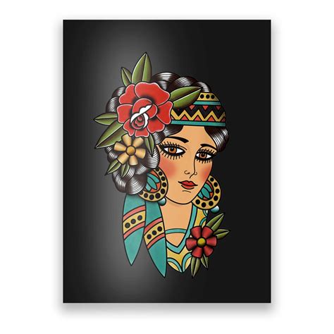 gypsy lady head american traditional tattoo design poster teeshirtpalace