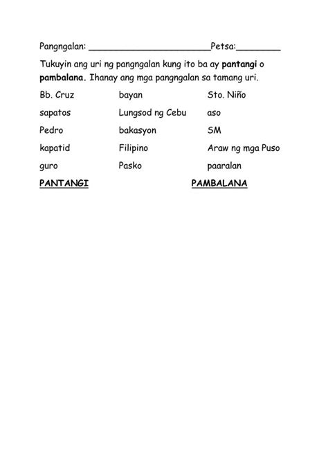 Pantangi At Pambalana Worksheet Grade 3