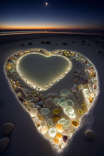 Premium Ai Image Heart Shaped Seashells On A Beach At Sunset