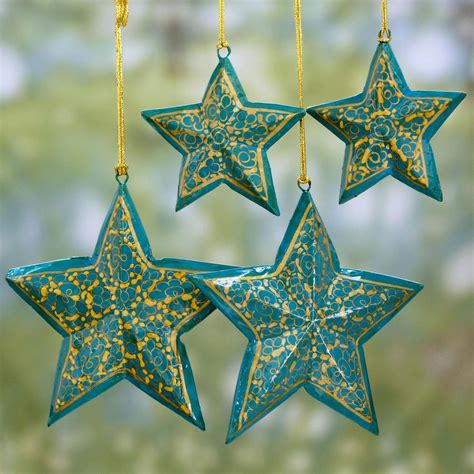Handmade Wooden Star Christmas Ornaments Set Of 4 Golden Starry Sky