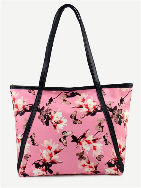 Pink Flower Print Contrast Trim Tote Bag Sheinsheinside