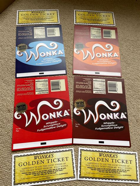 4x Willy Wonka Chocolate Bar Wrapper 4x Golden Ticket Magical Gift 2005