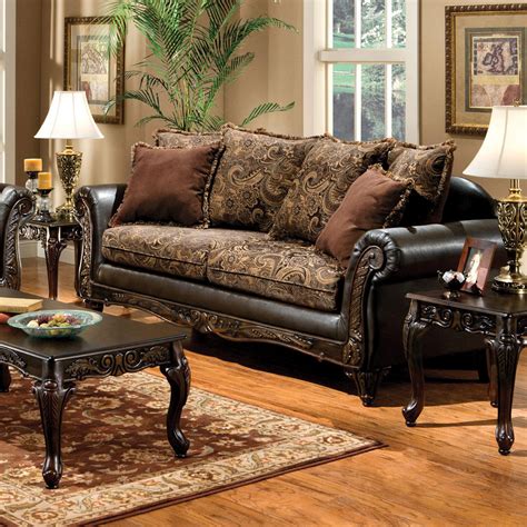 For one, a leather sofa can edge in the direction of sleek, minimalist bachelor pad. Venetian Worldwide ROTHERHAM Floral Brown Fabric & Espresso Leatherette Sofa w/ Pillows - Made ...