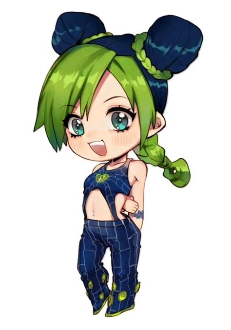 An Anime Character With Green Hair And Blue Overalls Standing In Front Of A White Background