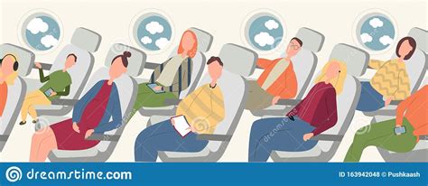 Passengers On Airplane Board Flat Vector Illustration Cartoon People Traveling Abroad By Plane