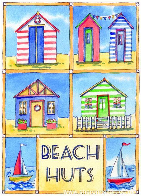 Beach Huts Watercolour And Ink Painting By Sharon Hall Available As