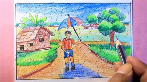 How To Draw Scenery Of Rainy Season Step By Stepdraw Rainy Season