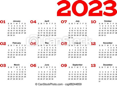 Year 2023 One Page Month Grid Calendar Multi Colored On White