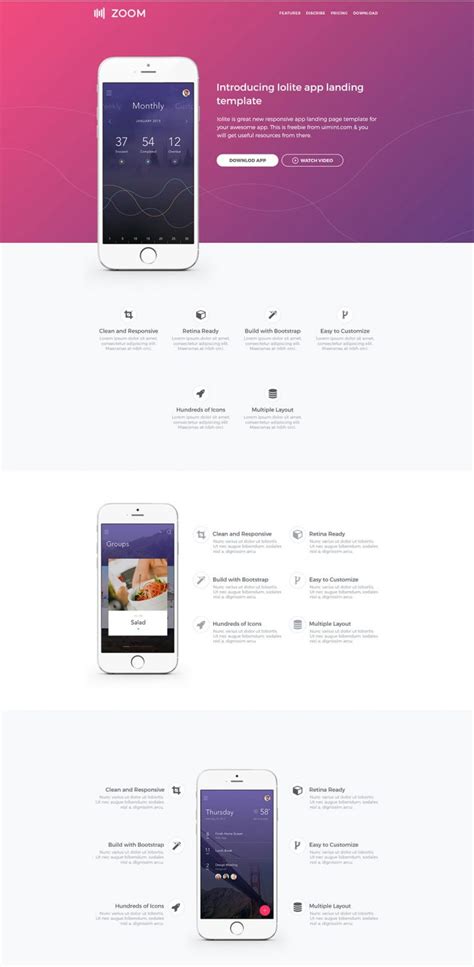 Begin creating your app landing page design by changing the icon, text, screenshots and header background image. Mobile App Landing page UI Kit Free PSD - Download PSD