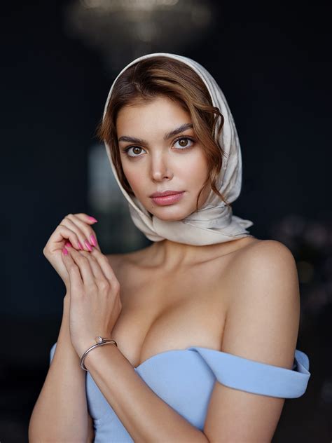 Alexey Kazantsev Women Brunette Bare Shoulders Undressing Cleavage Shawl Makeup Dress