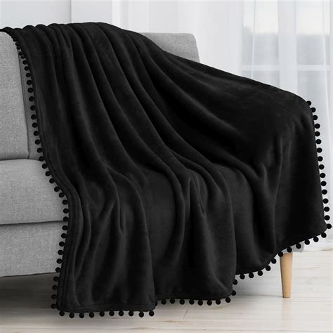 Pavilia Pom Pom Blanket Throw Twin Solid Black Soft Fleece Pompom
