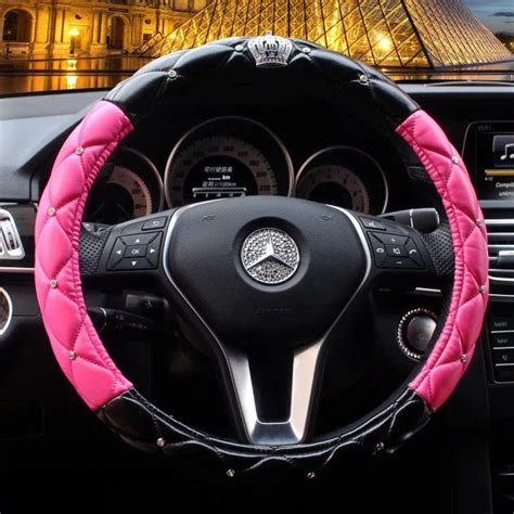 Black And Pink Leather Steering Wheel Cover With Bling Crown Carsoda