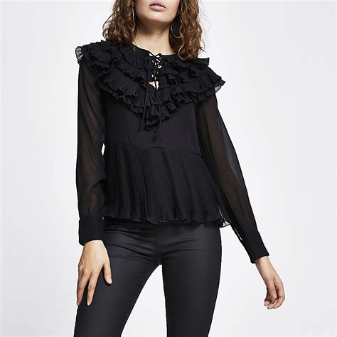 Black long sleeve ruffle pleated blouse | River Island