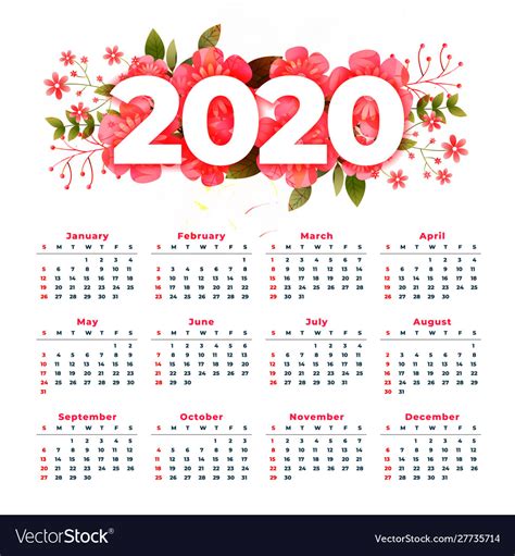New Year 2020 Calendar Design With Flower Vector Image