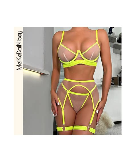 Neon Sensual Sexy Female Lingerie Transparent Bra Panty Set Pieces